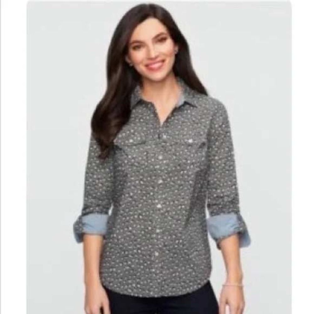 Talbots Black White Heart Print Button Down Shirt Roll Tab Long Sleeve - Size‎ 2